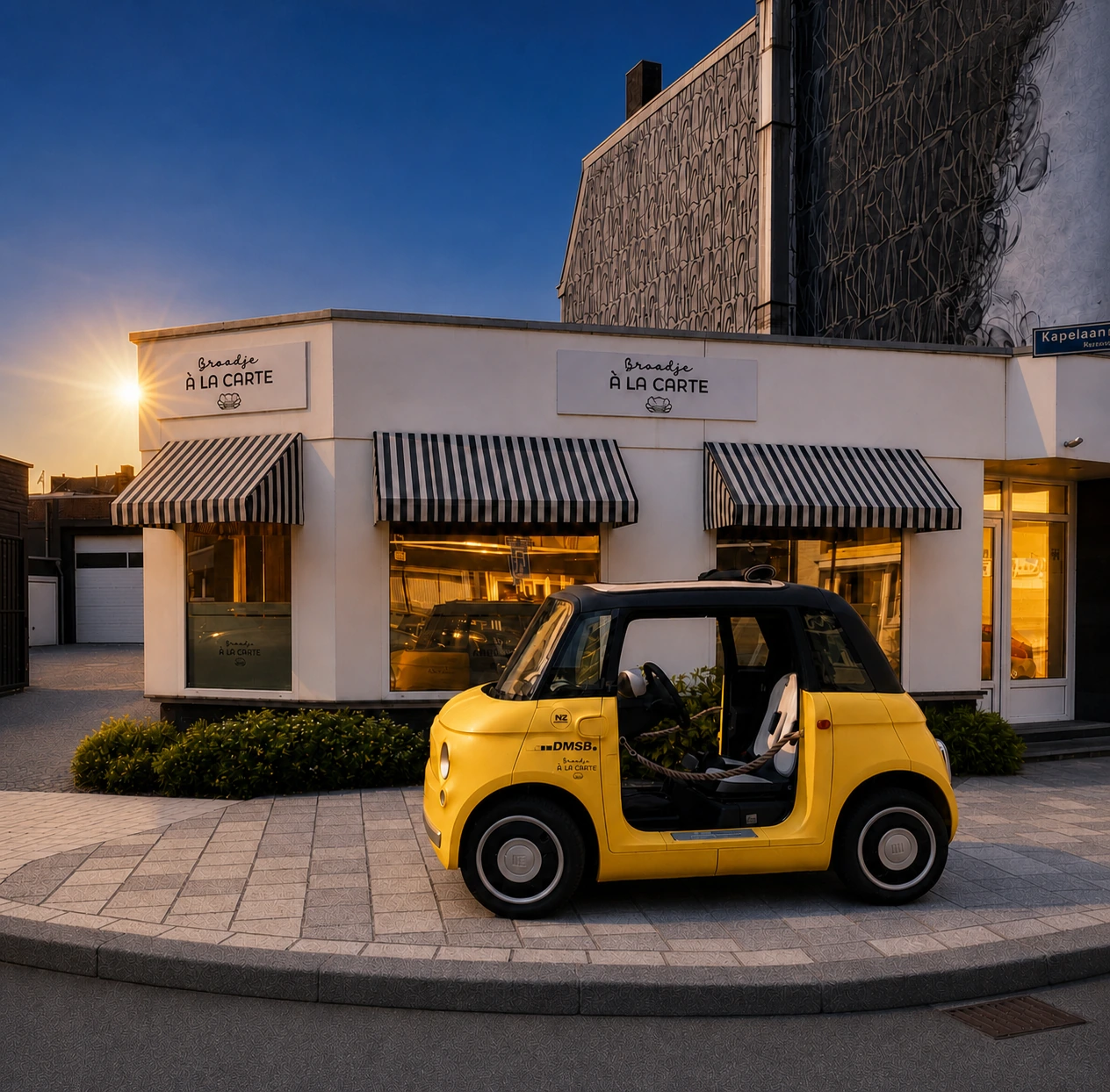 De gevel van Broodje à la Carte in Heerlen bij zonsondergang, met de gestreepte luifels en het gele bezorgautootje voor de deur