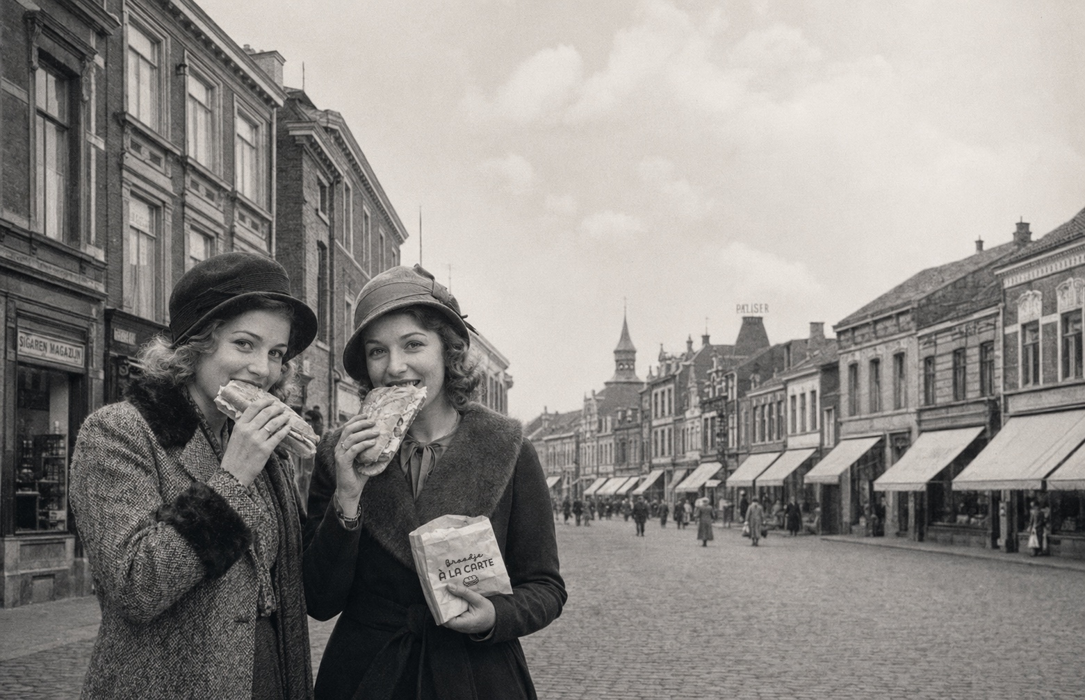 Twee vrouwen die in de jaren '30 een broodje eten op straat in Heerlen, een van hen houdt een papieren zak met het Broodje à la Carte-logo vast